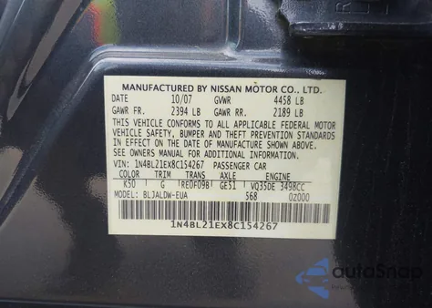 2008 Nissan Altima 3.5 Se z USA, uszkodzony, nr VIN 1N4BL21EX8C154267